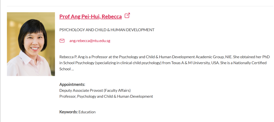 新加坡南洋理工大学全奖博士项目（Ang Pei-Hui, Rebecca教授）