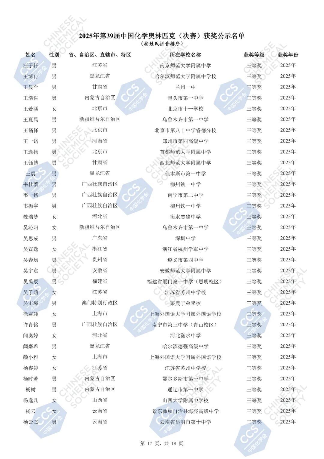 官方发布丨第39届中国化学奥林匹克（决赛）获奖名单公示