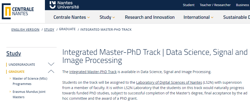 南特中央理工学院5年制硕博项目:控制与机器人学 - 数据科学、信号与图像处理 南特中央理工学院5年制硕博项目:控制与机器人学 - 数据科学、信号与图像处理