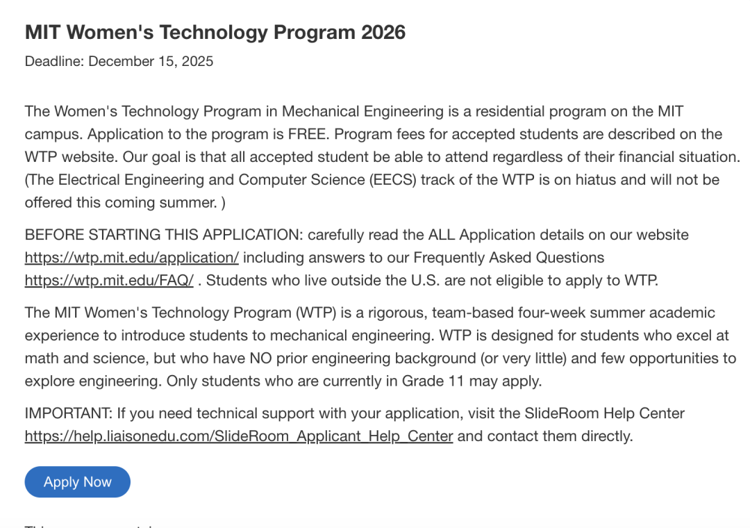 2026｜理工女爬藤项目！麻省理工WTP女性科技工程夏校，已开申！12月初截止申请！