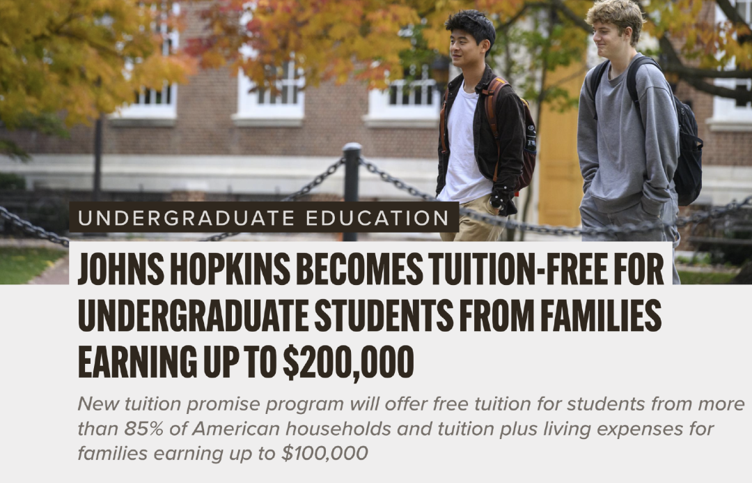 豪气！美国TOP10大学JHU官宣：对家庭收入不满20万$的家庭学费全免！