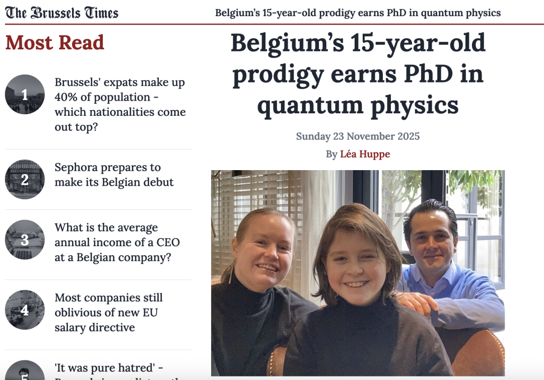 比利时天才少年15岁博士毕业，专业方向量子物理，人送绰号“小爱因斯坦”