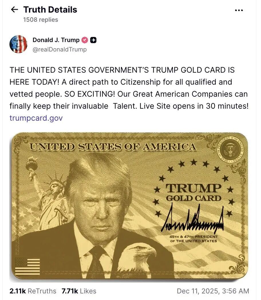 值不值？100万美元即可获得美国身份...川普“金卡”正式开售！