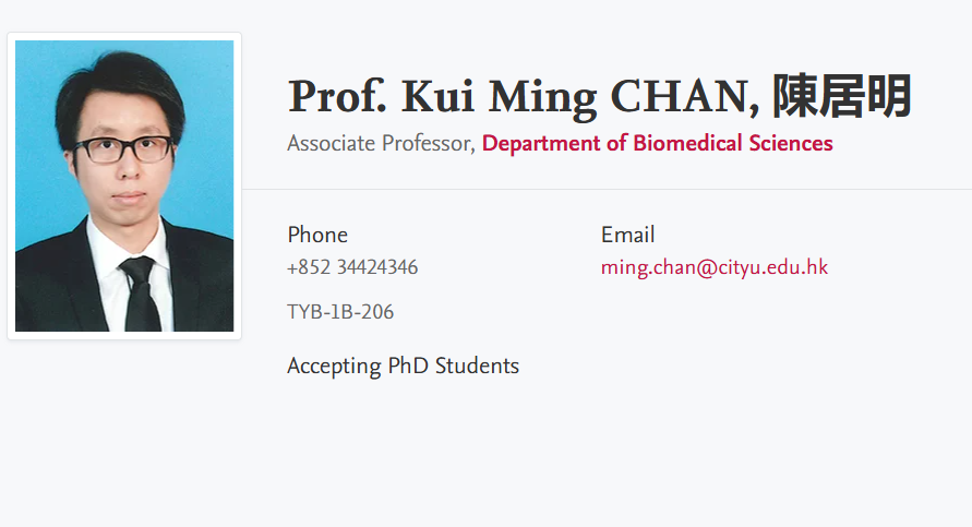 香港城市大学全奖博士项目（Kui Ming CHAN教授）