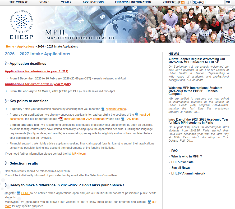2026fall申请季 | 雷恩大学EHESP两年制英授硕士申请批次公布！