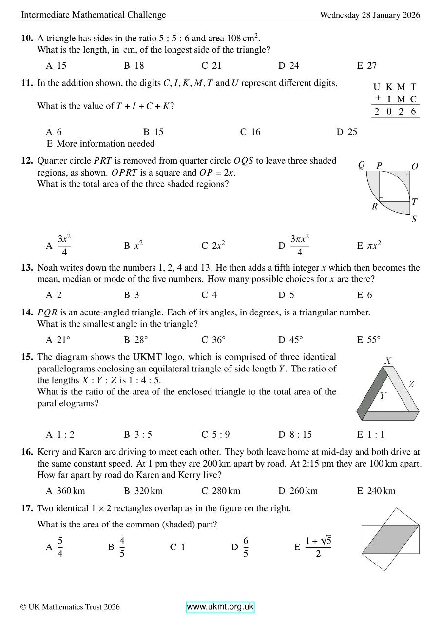 2026年英国中级数学挑战赛真题和答案