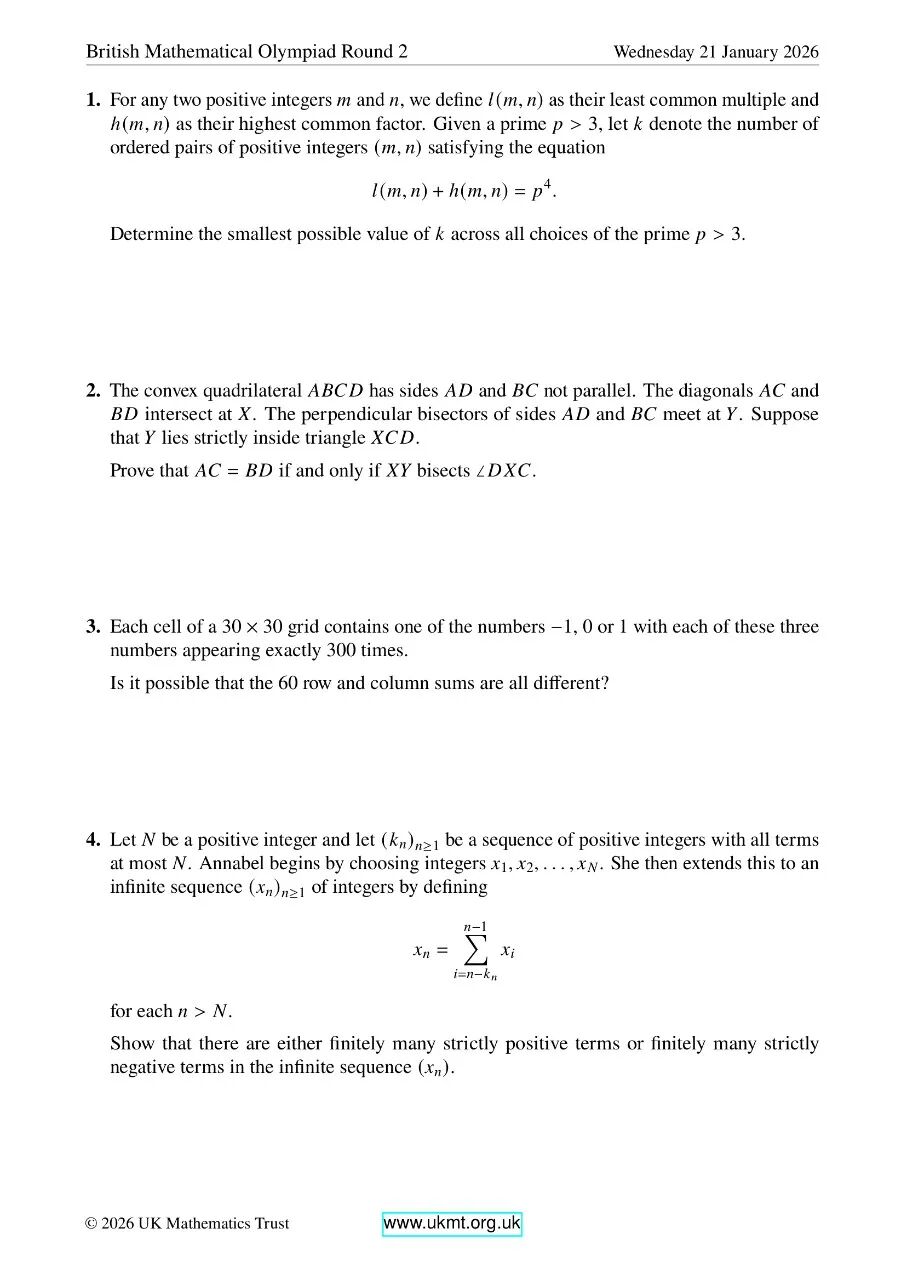 2026年英国奥数竞赛BMO2真题及答案出炉