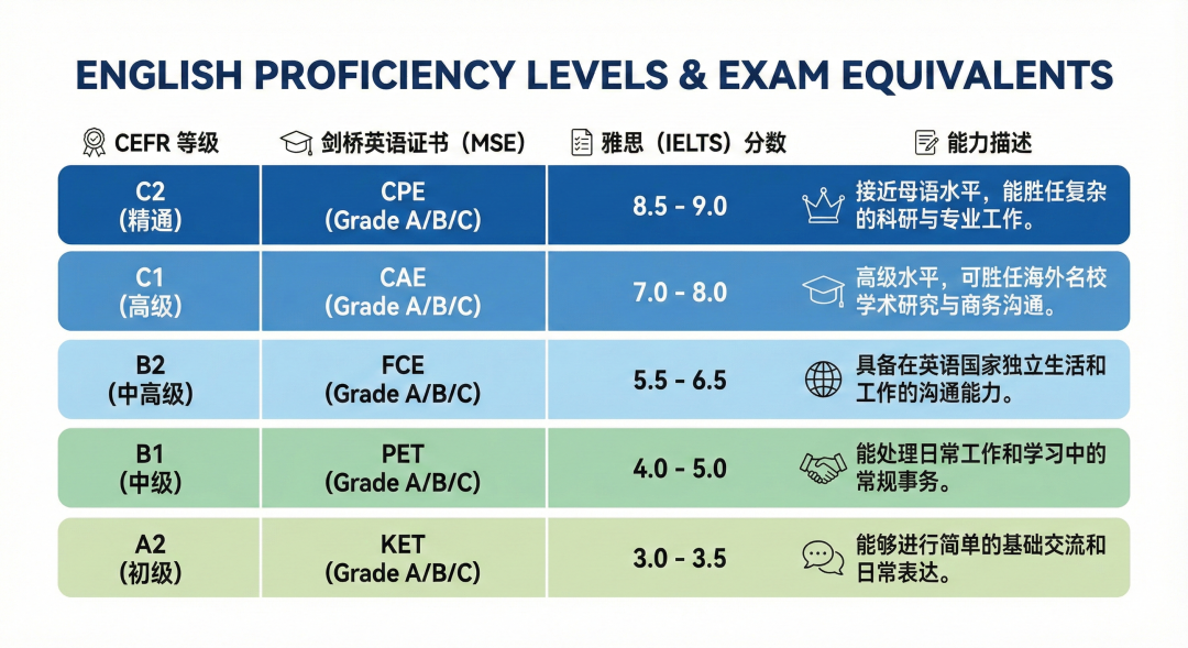 一篇文章讲清楚雅思和剑桥英语的对标！