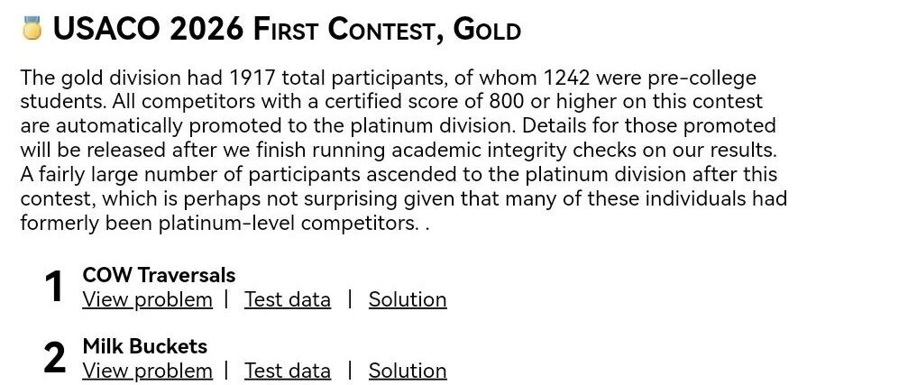 USACO 26 赛季首考回顾 白金组仅 2 个认证分超 500 选手