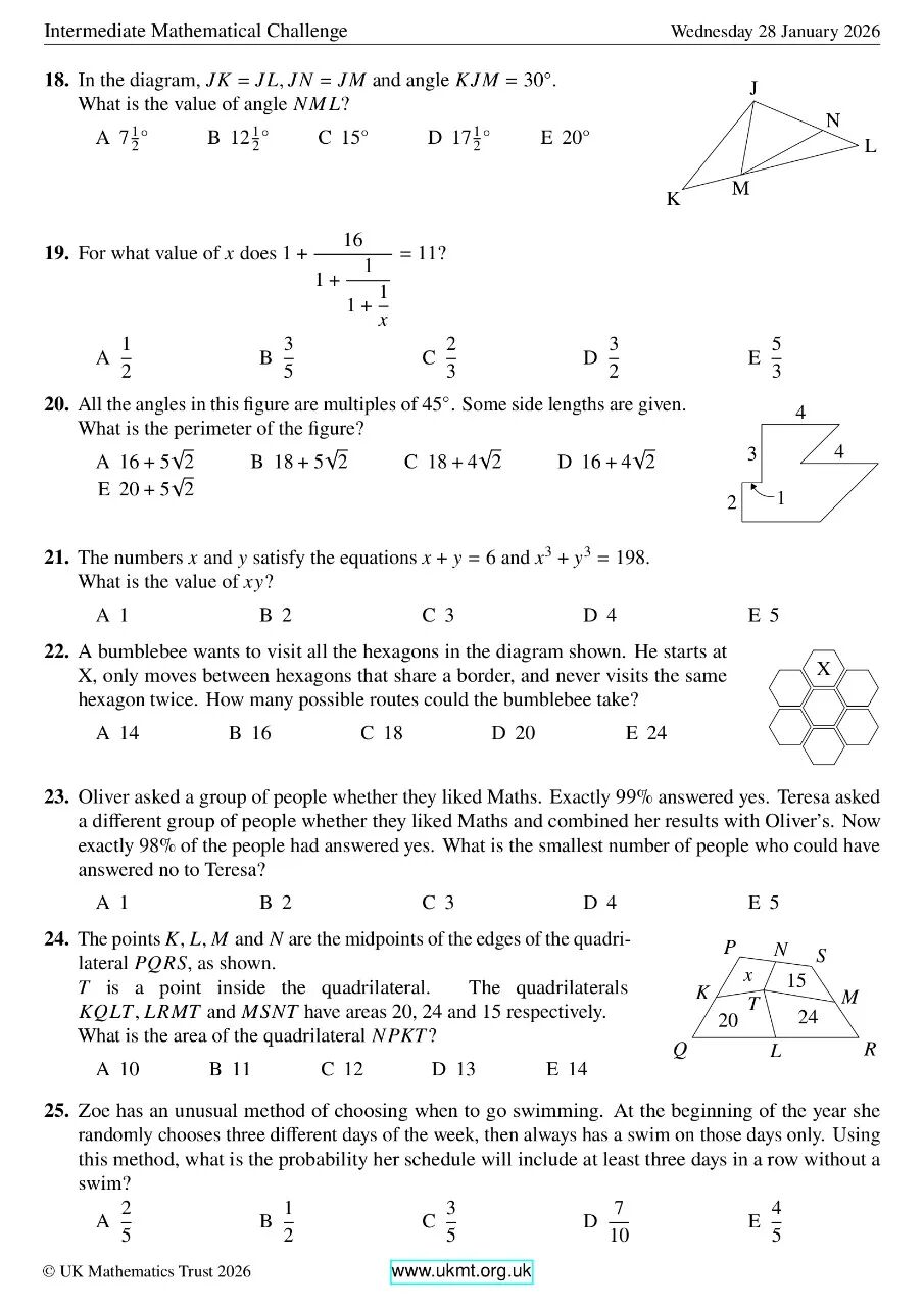 2026年英国中级数学挑战赛真题和答案