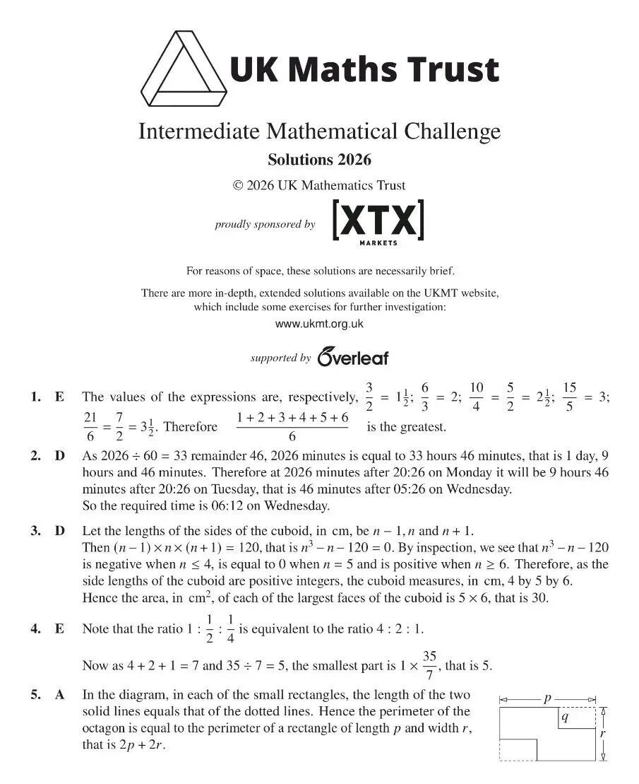 2026年英国中级数学挑战赛真题和答案