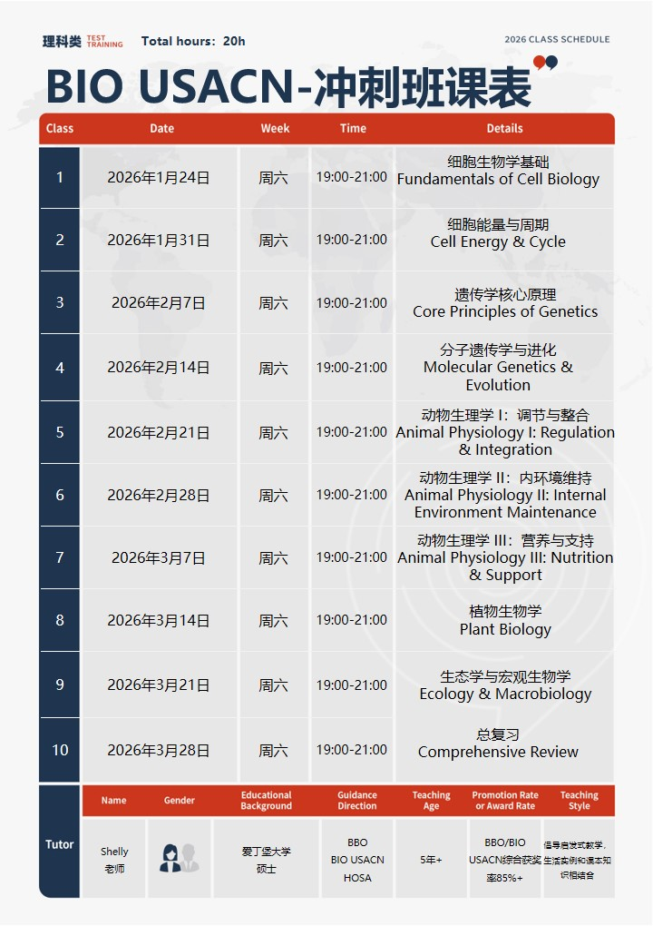 2026年USABO生物奥赛考试安排出炉!20h冲刺辅导抢报中 2026年USABO生物奥赛考试安排出炉!20h冲刺辅导抢报中
