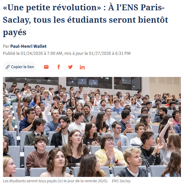 从2026年9月新学年开始ENS巴黎萨克雷高师为所有学生提供津贴！每月600欧！附上案例分享