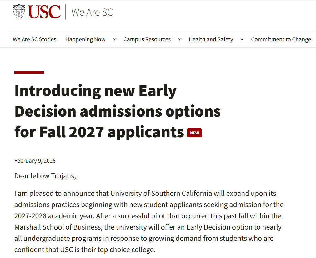 南加州大学官宣27Fall开放ED通道