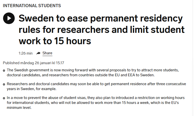 瑞典拟出新政吸引欧盟以外的博士生 瑞典拟出新政吸引欧盟以外的博士生