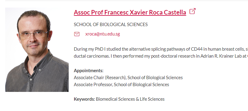 新加坡南洋理工大学生物医学系顶尖PhD导师招生（Francesc Xavier Roca Castella教授）