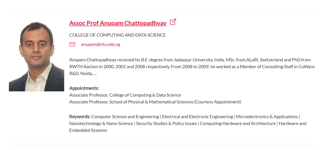 【全奖】新加坡南洋理工大学博士导师(Anupam Chattopadhyay教授) 【全奖】新加坡南洋理工大学博士导师(Anupam Chattopadhyay教授)