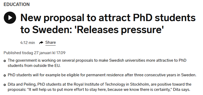 瑞典拟出新政吸引欧盟以外的博士生 瑞典拟出新政吸引欧盟以外的博士生
