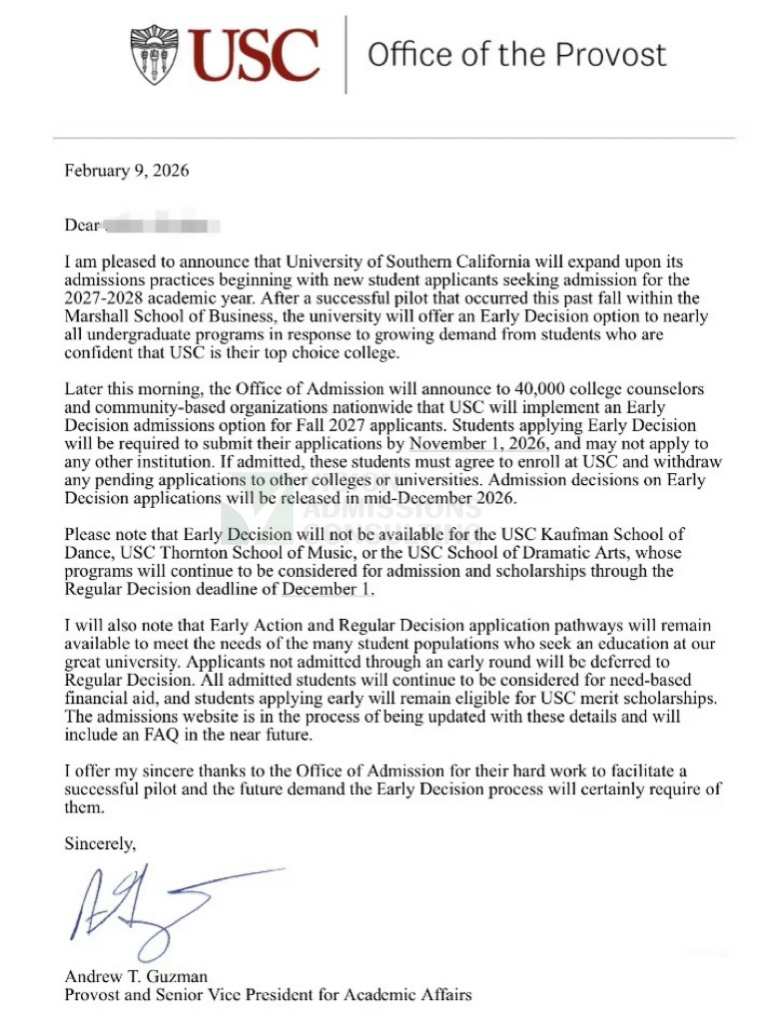 南加州大学27Fall最新政策！几乎所有本科专业都将新增ED轮次！