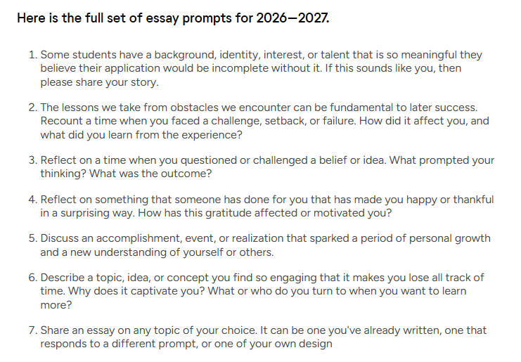 Common App公布2026-2027申请季主文书题目：七大经典主题保持不变