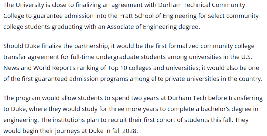 留学资讯 | 杜克大学重磅新政！全美 Top10 名校首开社区学院转学保录通道