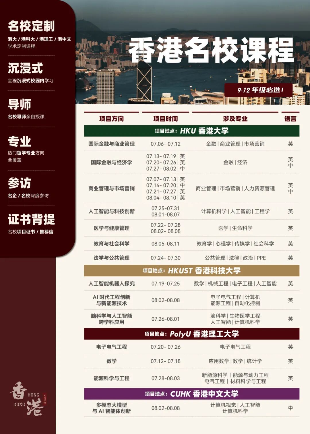 【9-12年级】2026暑期香港名校课程：港前四名校最新热门课题公布！