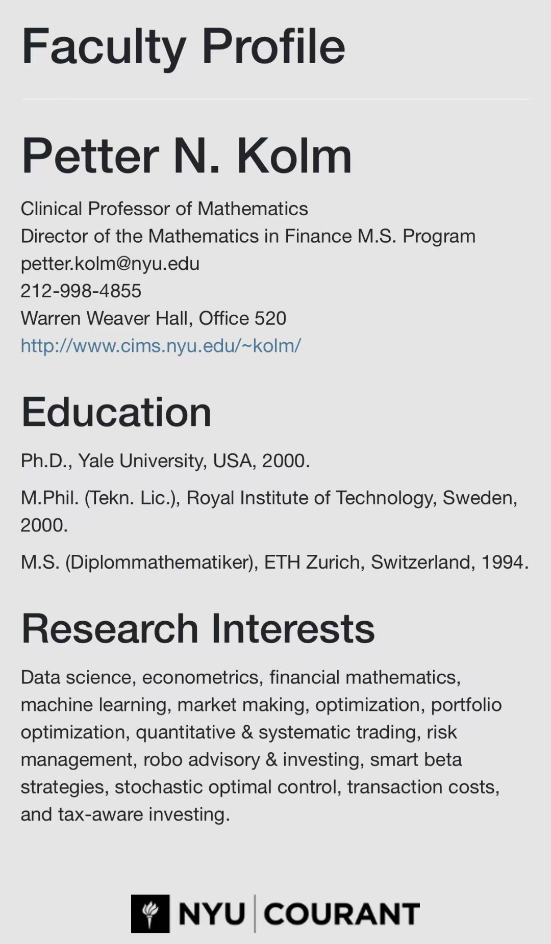 纽大金数项目主任出走？Petter Kolm离开Courant，转战迈阿密大学商学院？