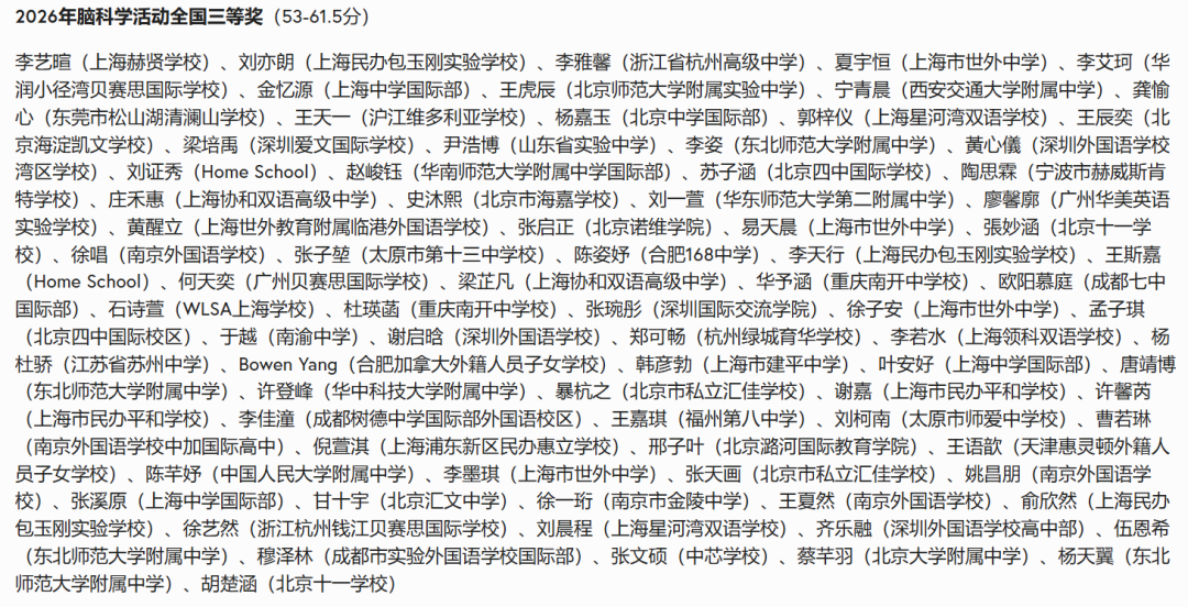 2026年Brain Bee脑科学全国赛成绩已公布