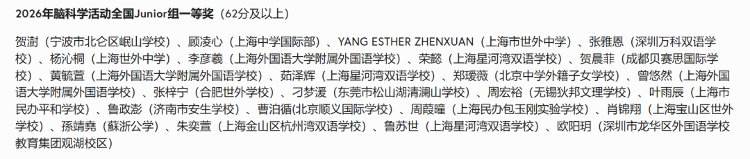 2026年Brain Bee脑科学全国赛成绩已公布