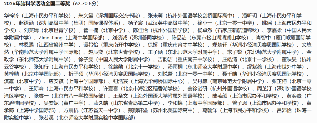 2026年Brain Bee脑科学全国赛成绩已公布