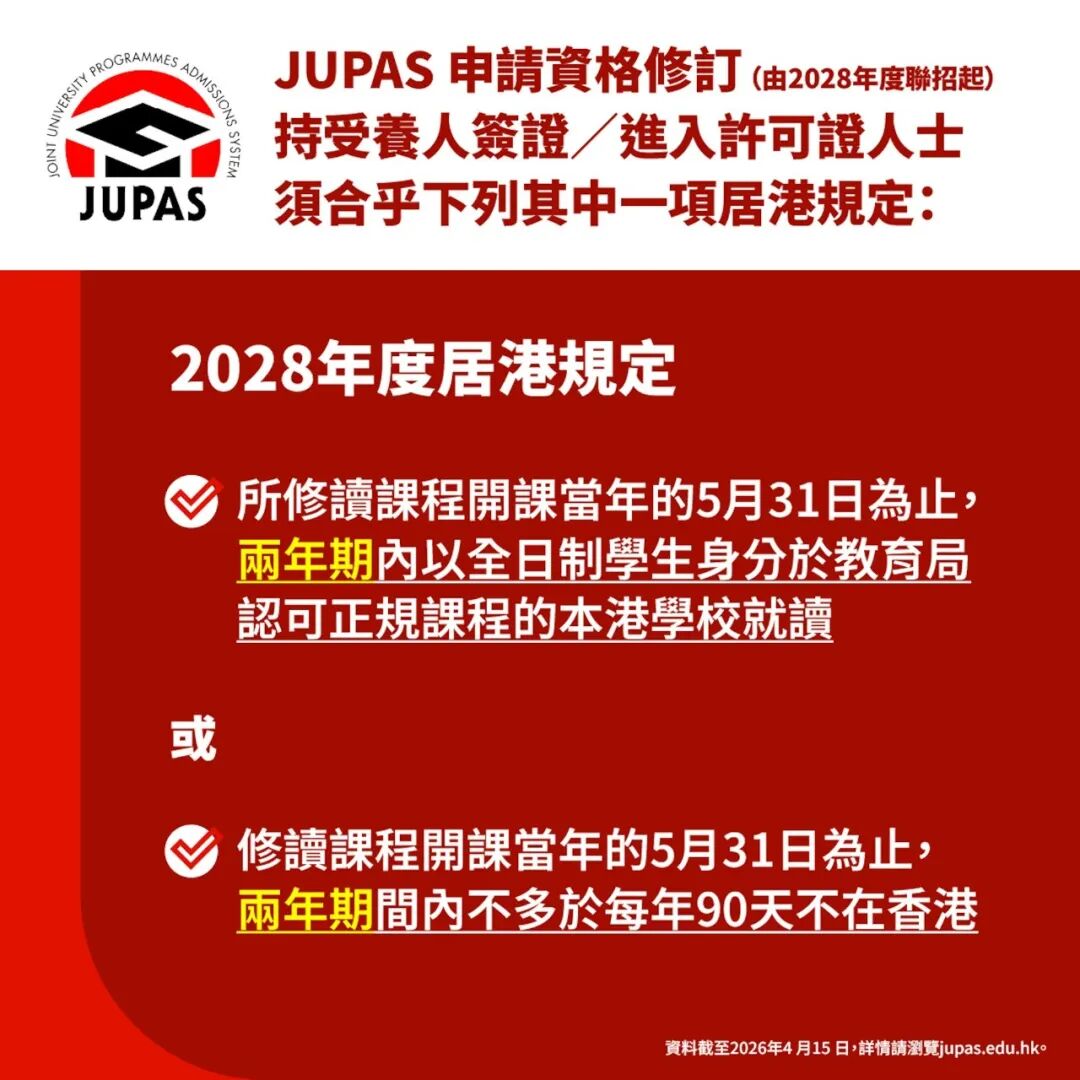 JUPAS受养人报考规则更新：不达居港规定的受养人将失去JUPAS参与资格！