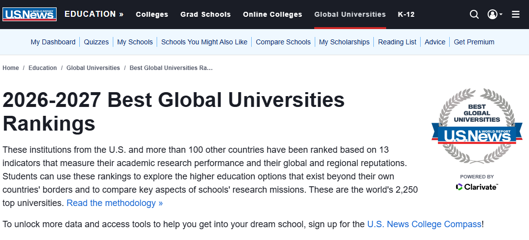 2026-2027年U.S.News世界大学排名出炉 法国80所院校上榜 3所排名前100