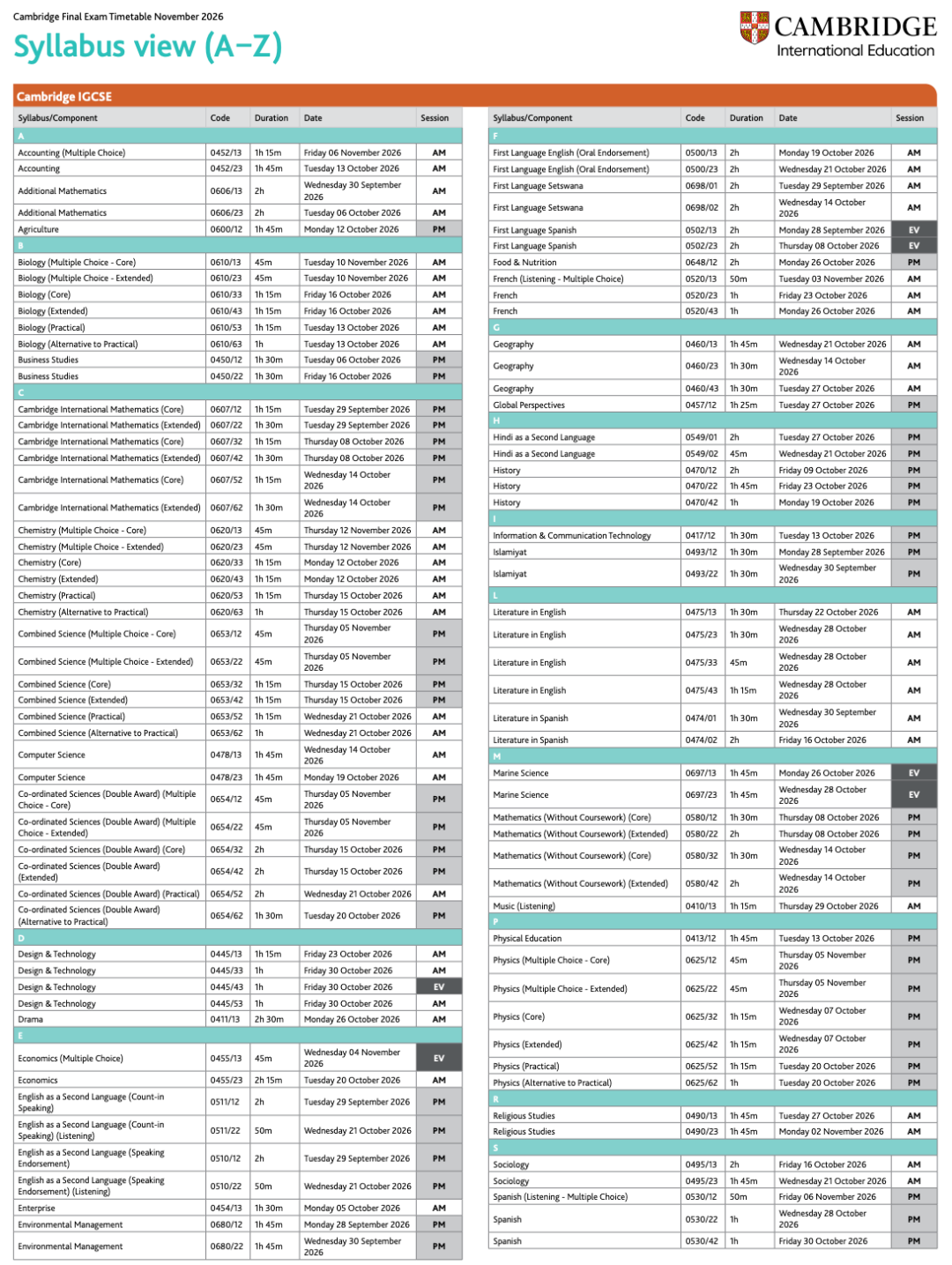 2026 Alevel和IGCSE秋季大考时间一览