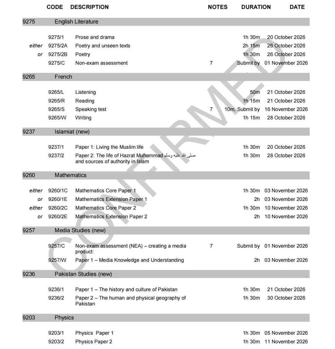 2026 Alevel & IGCSE秋季大考时间一览 2026 Alevel & IGCSE秋季大考时间一览