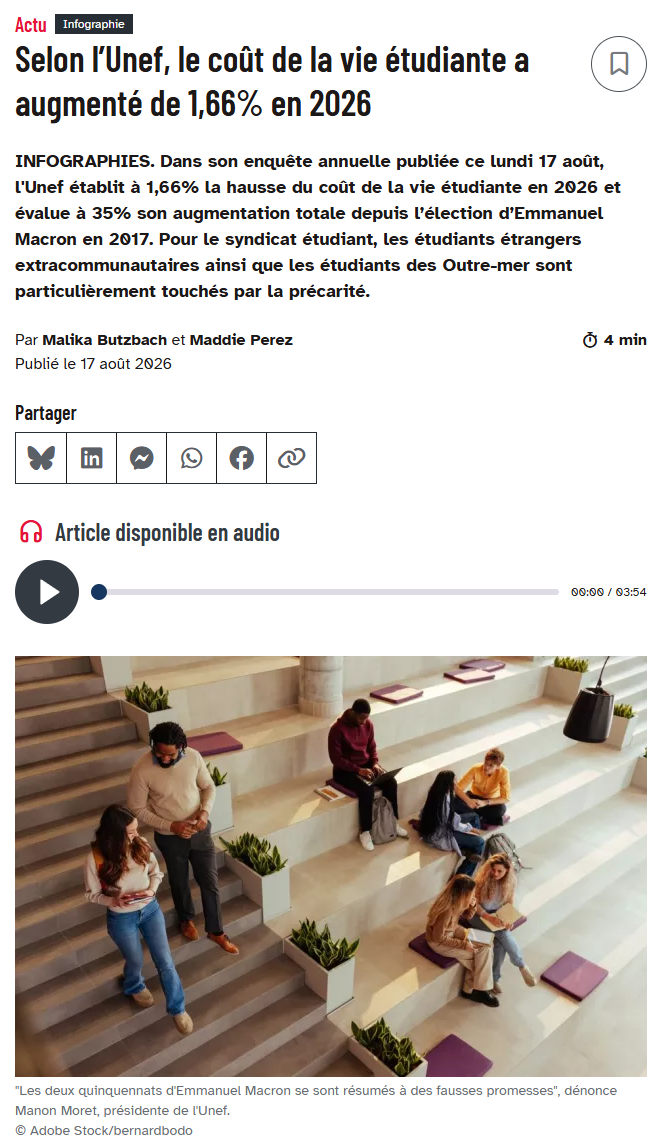 UNEF发布最新学生生活成本报告 法国留学预算指南