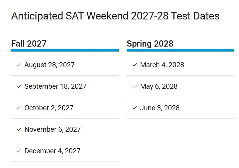 2027-28 SAT考试时间表 2027-28 SAT考试时间表